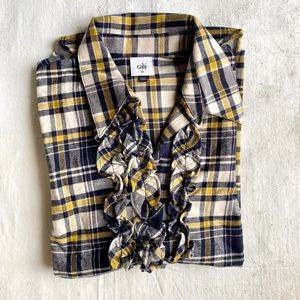 CABI Seattle Ruffle Plaid Flannel - Shirt Cotton Navy Gold XS